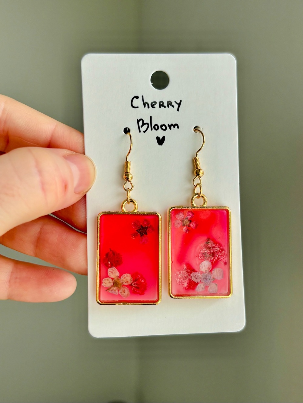 Cherry Bloom Resin Rectangle Earrings Handmade Real Dried Flower Botanical